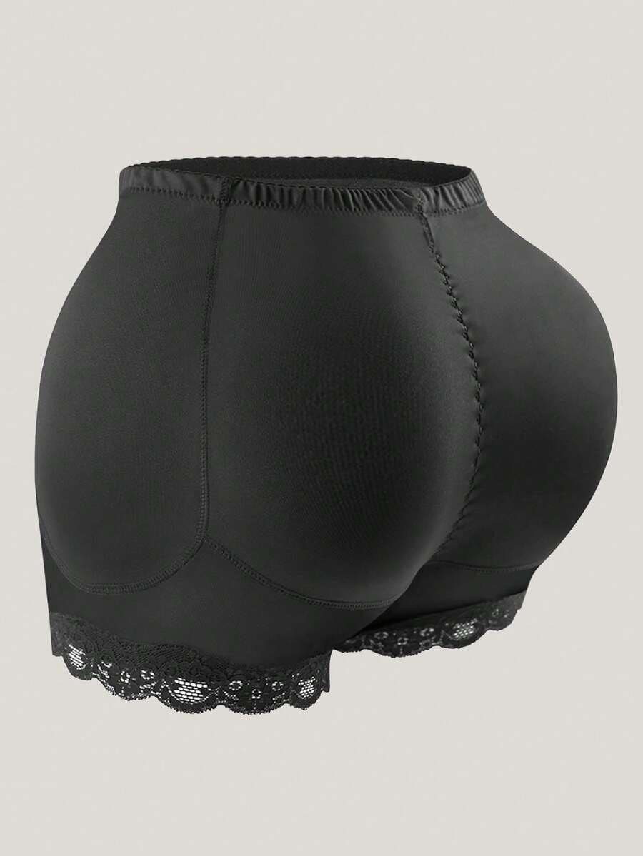 Women's tummy control shapewear shorts featuring detachable sponge padding, contrast lace trim, and medium stretch knitted fabric.