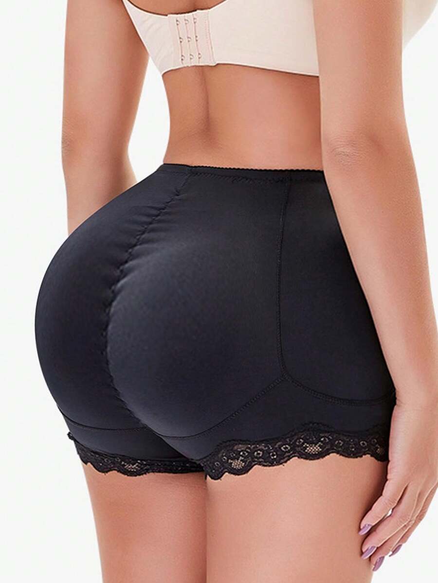 Women's tummy control shapewear shorts featuring detachable sponge padding, contrast lace trim, and medium stretch knitted fabric.
