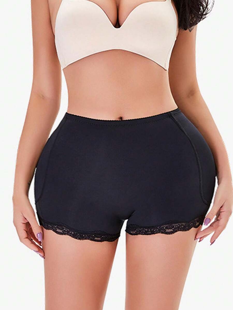 Women's tummy control shapewear shorts featuring detachable sponge padding, contrast lace trim, and medium stretch knitted fabric.