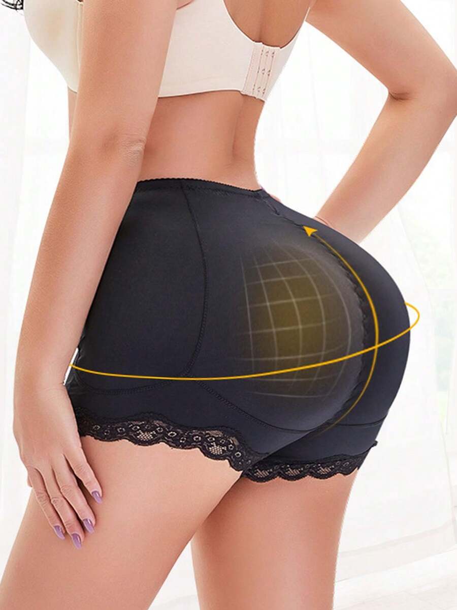 Women's tummy control shapewear shorts featuring detachable sponge padding, contrast lace trim, and medium stretch knitted fabric.