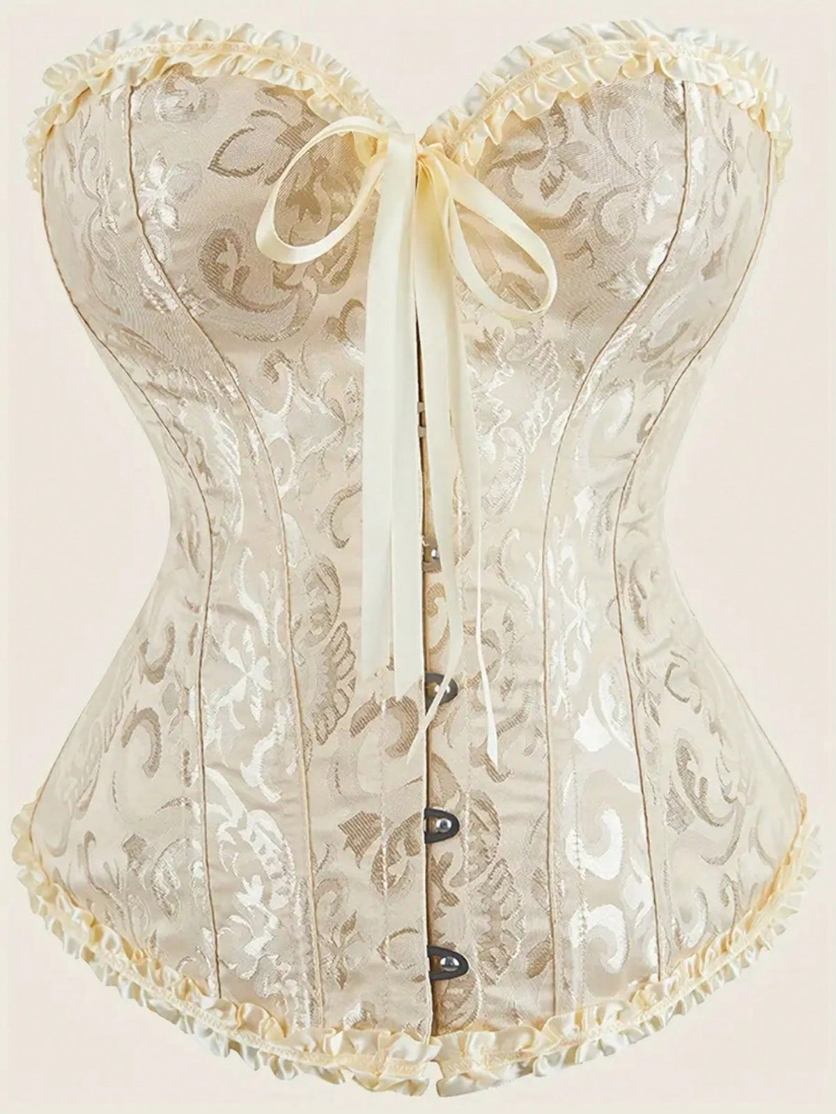 Baroque open bust corset top with boning, ruffle details, and grommet eyelet accents for waist shaping and bust support.