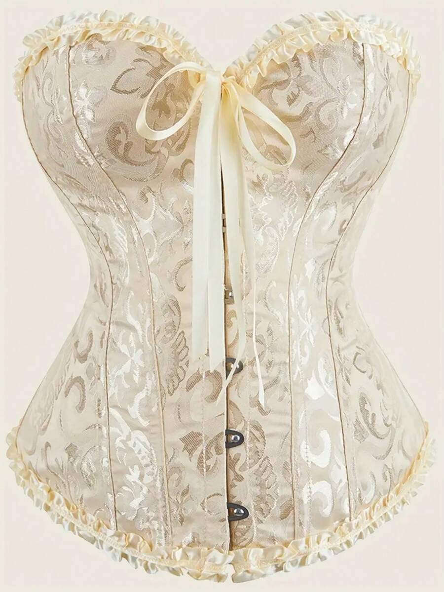 Baroque open bust corset top with boning, ruffle details, and grommet eyelet accents for waist shaping and bust support.