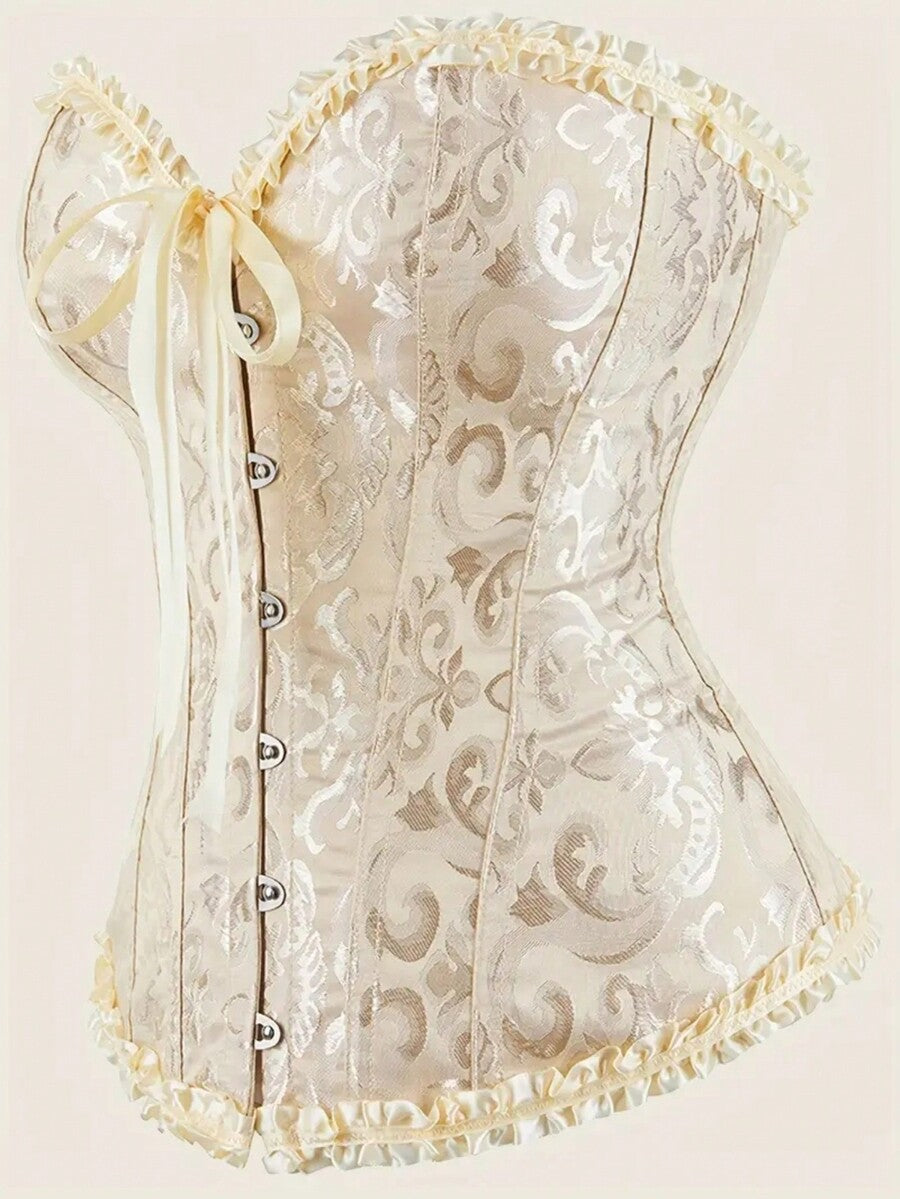 Baroque open bust corset top with boning, ruffle details, and grommet eyelet accents for waist shaping and bust support.