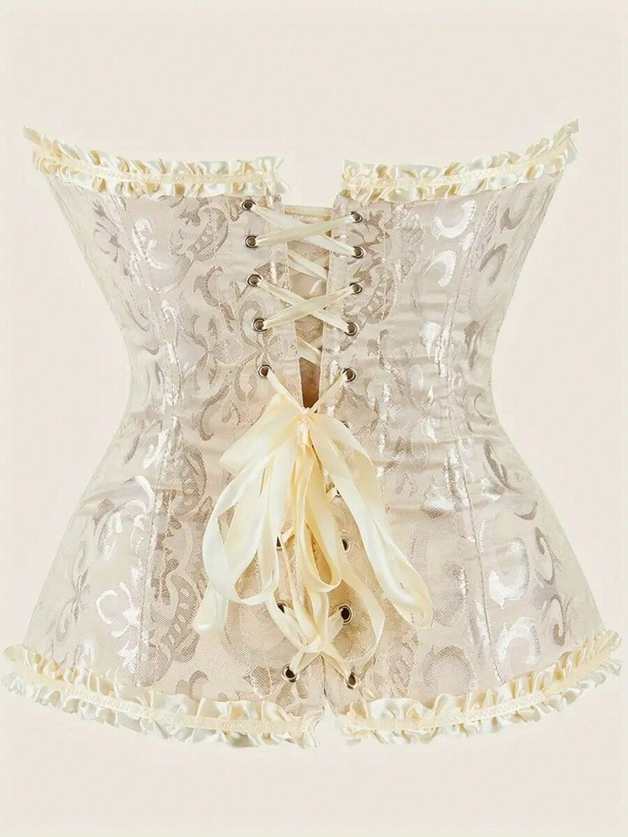 Baroque open bust corset top with boning, ruffle details, and grommet eyelet accents for waist shaping and bust support.