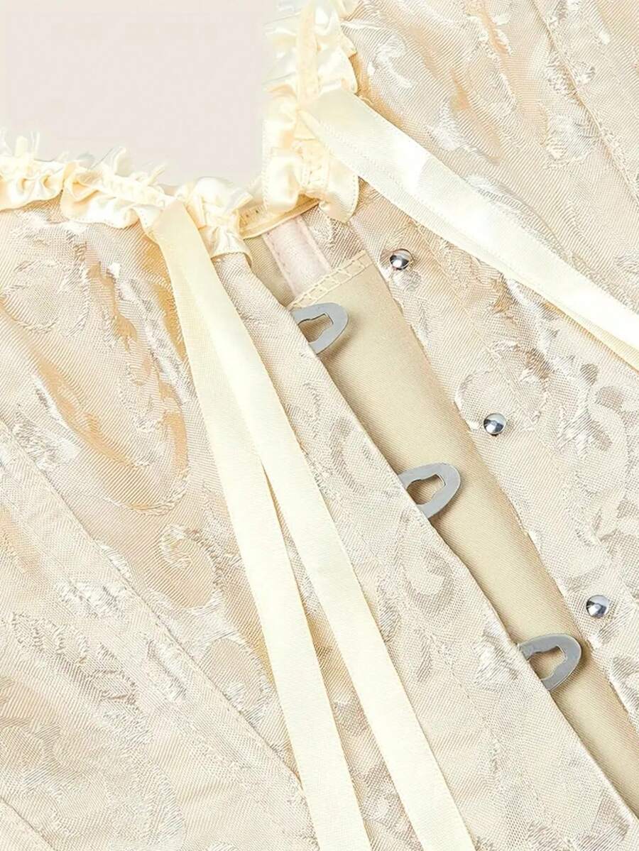 Baroque open bust corset top with boning, ruffle details, and grommet eyelet accents for waist shaping and bust support.