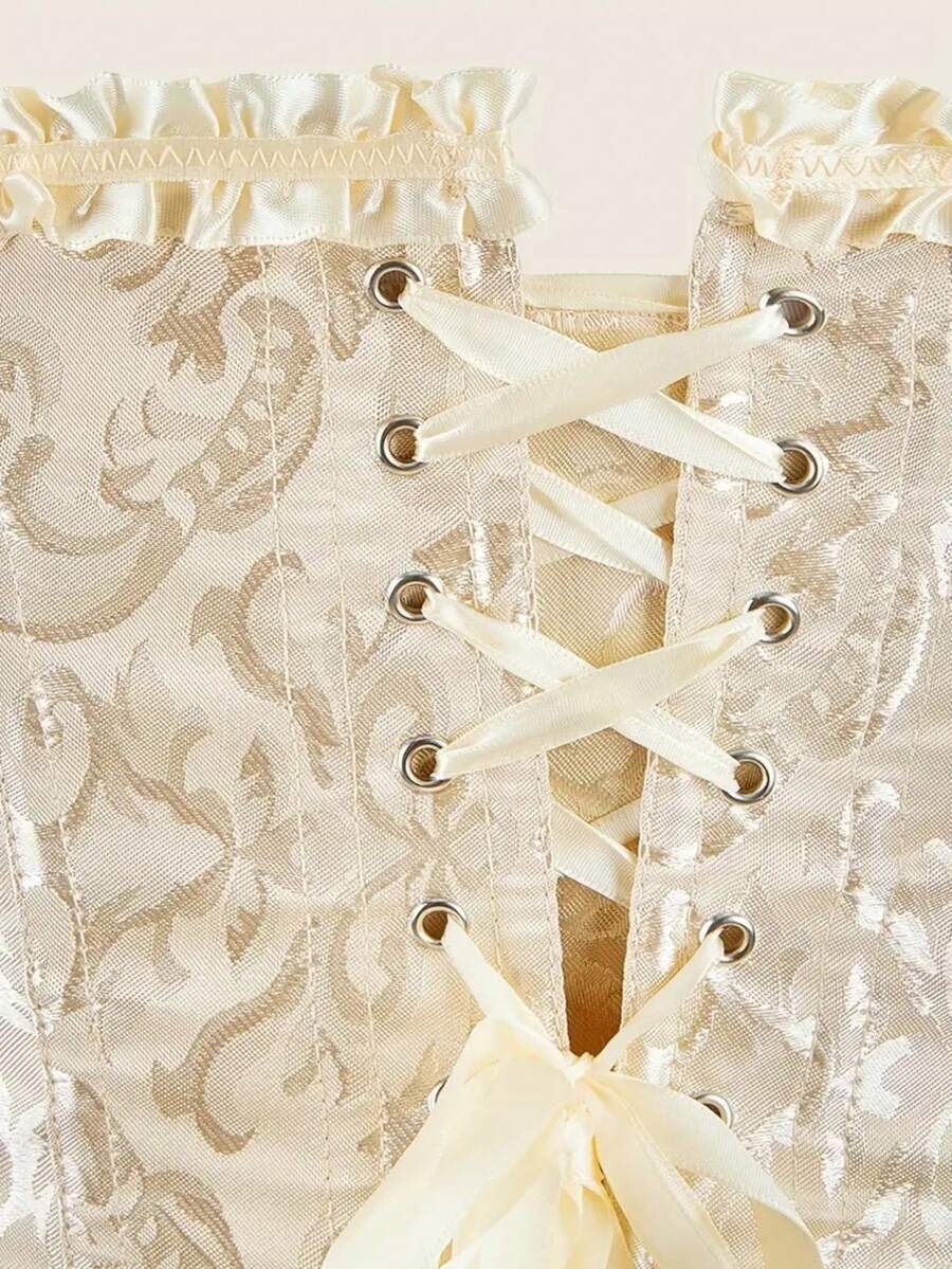 Baroque open bust corset top with boning, ruffle details, and grommet eyelet accents for waist shaping and bust support.