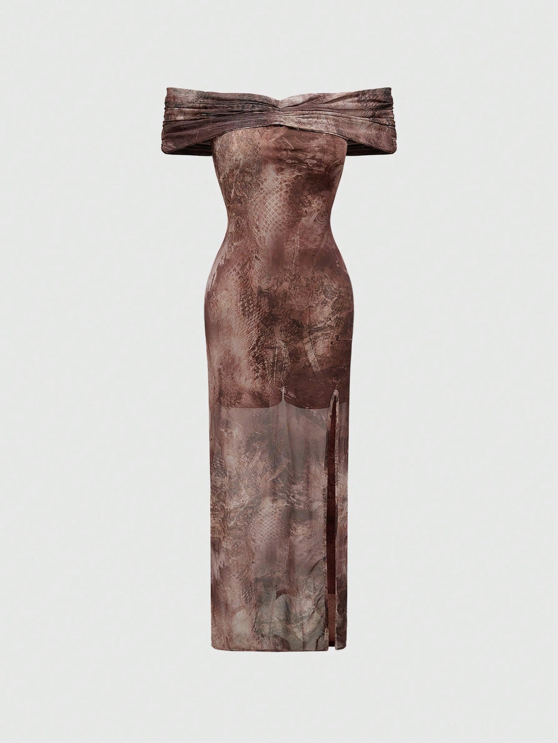 Multicolor snake print off-the-shoulder bodycon maxi dress with ruched split thigh slit and short batwing sleeves.