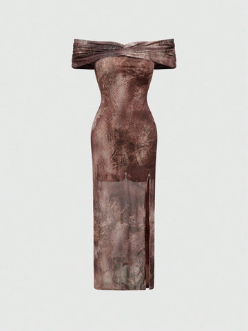 Multicolor snake print off-the-shoulder bodycon maxi dress with ruched split thigh slit and short batwing sleeves.