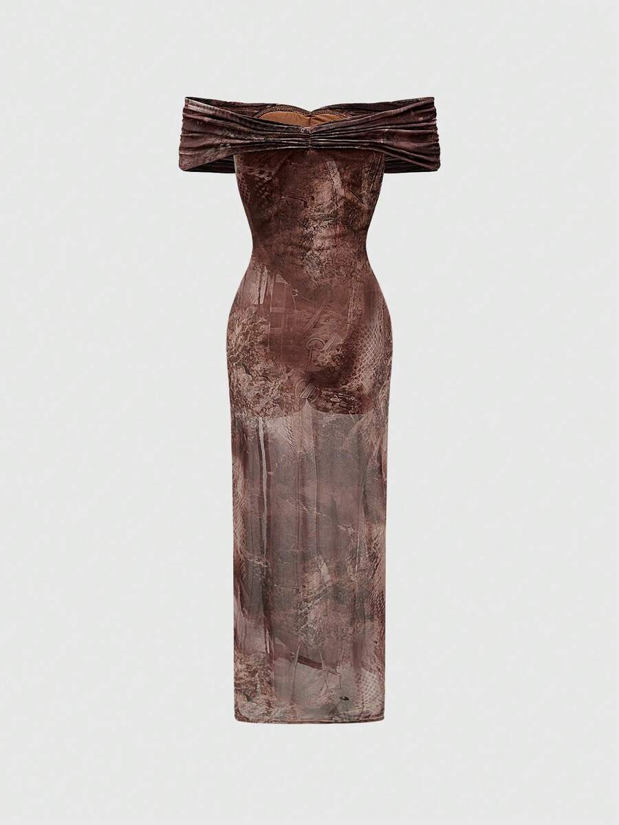 Multicolor snake print off-the-shoulder bodycon maxi dress with ruched split thigh slit and short batwing sleeves.