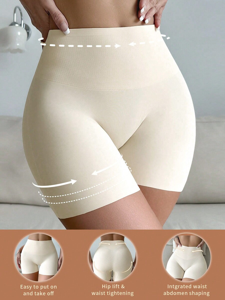 Women wearing apricot super high waist shapewear shorts designed for ultra-light thigh smoothing
