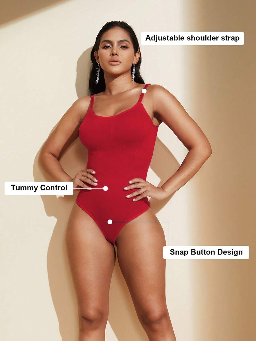 Brown seamless shapewear bodysuit featuring backless design, thong bottom, non-removable padding, and high-stretch fabric for tummy and waist control.