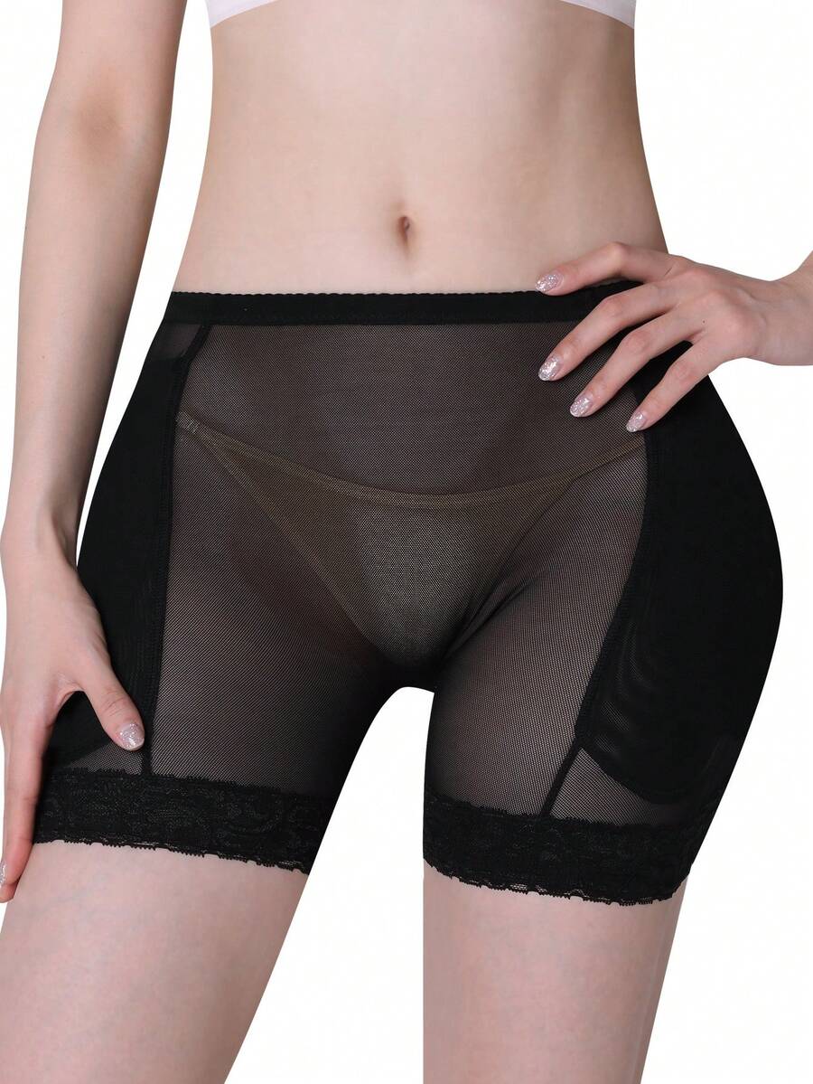 Women's high waist padded butt lifter shapewear shorts with contrast lace details and tummy control feature.