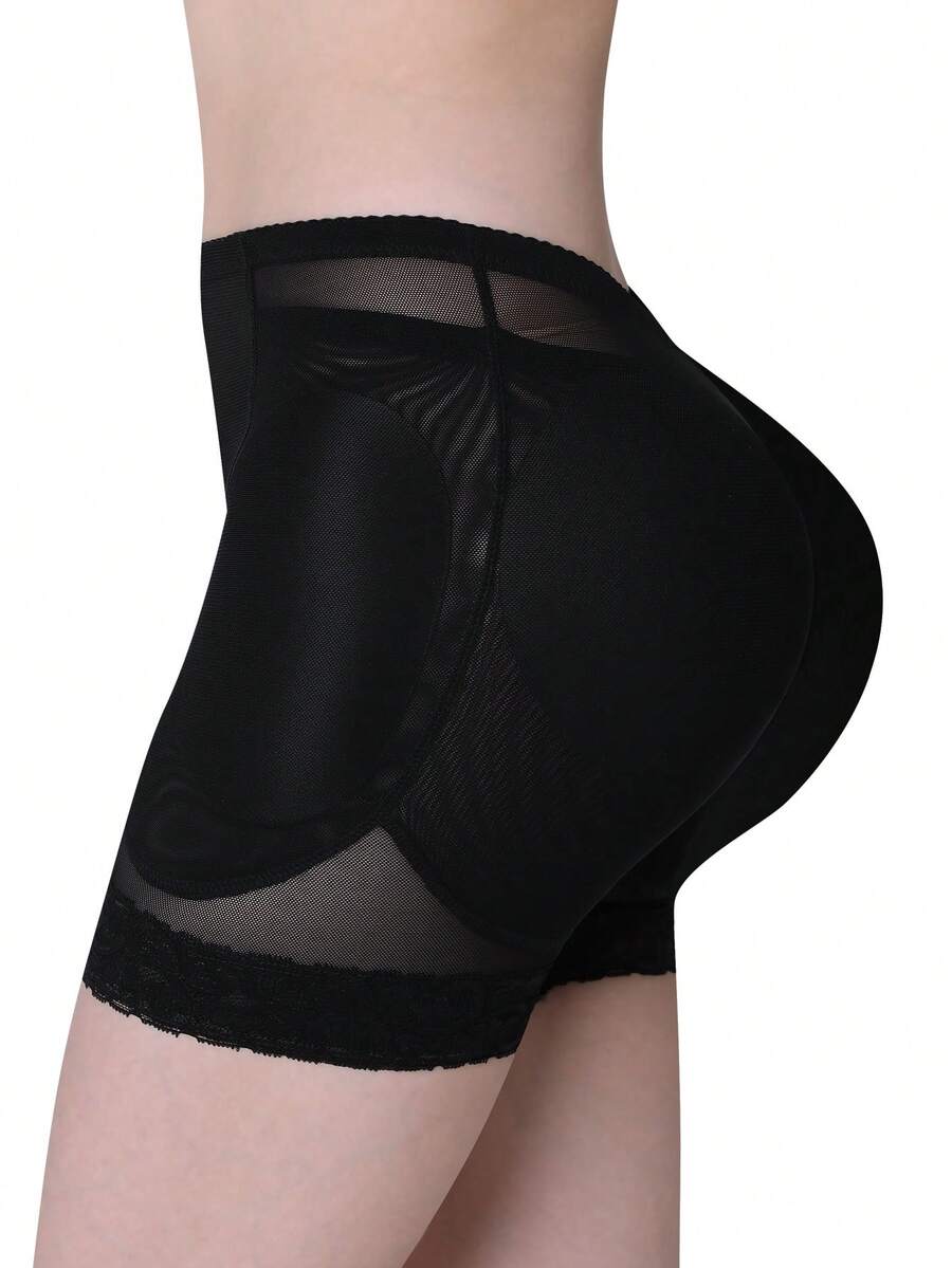 Women's high waist padded butt lifter shapewear shorts with contrast lace details and tummy control feature.
