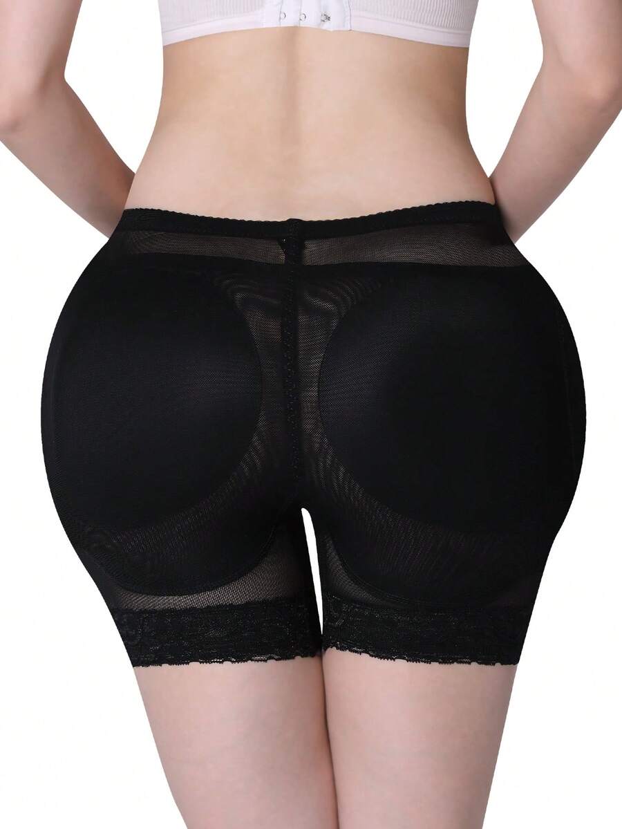 Women's high waist padded butt lifter shapewear shorts with contrast lace details and tummy control feature.