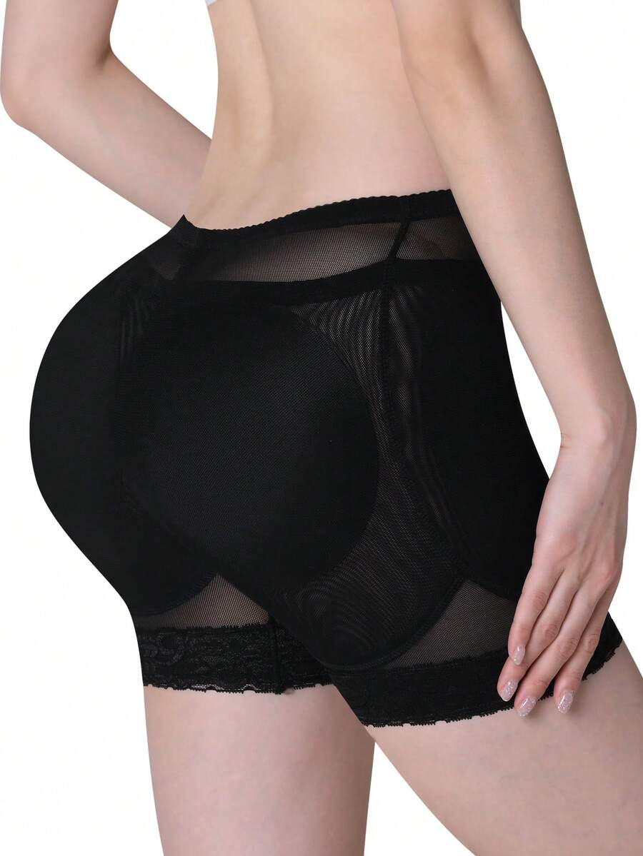 Women's high waist padded butt lifter shapewear shorts with contrast lace details and tummy control feature.