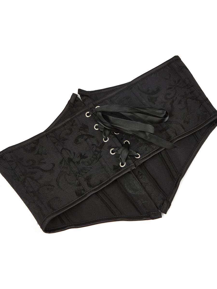 Women’s vintage waist cincher corset belt with lace-up and grommet eyelet details, bow buckle, slight stretch fabric, designed for tummy control and slimming.