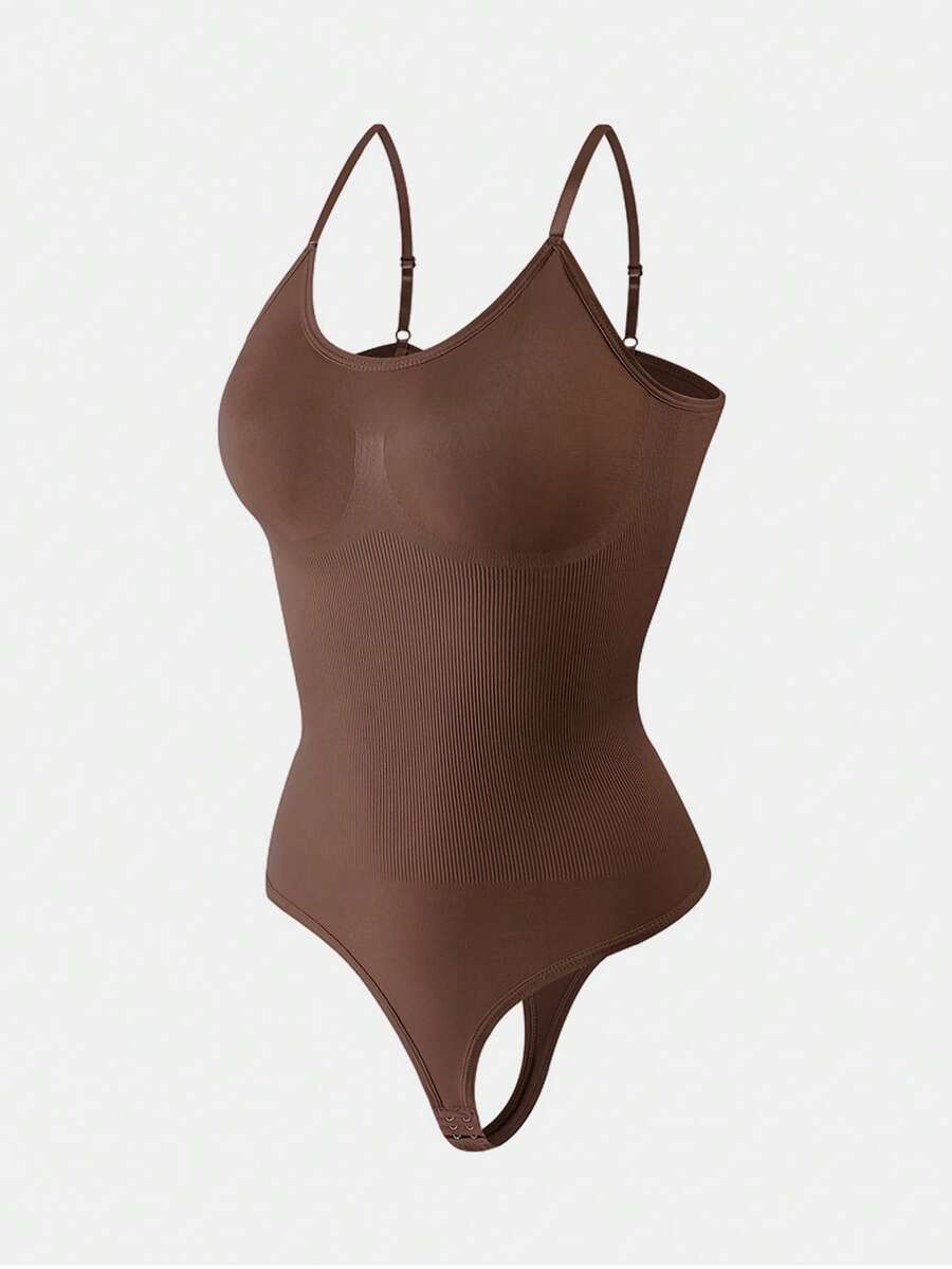 Brown seamless shapewear bodysuit featuring backless design, thong bottom, non-removable padding, and high-stretch fabric for tummy and waist control.