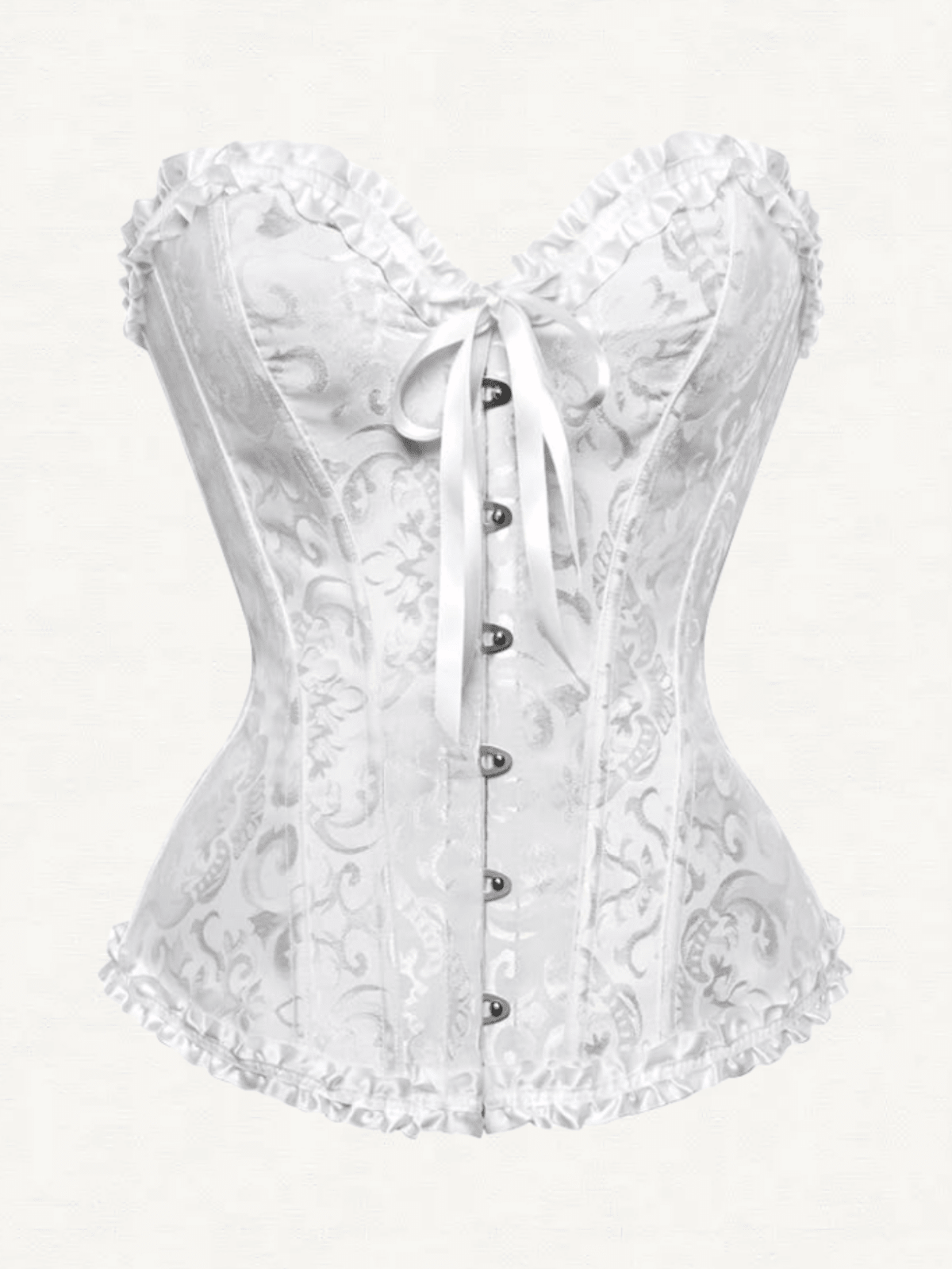 Baroque open bust corset top with boning, ruffle details, and grommet eyelet accents for waist shaping and bust support.