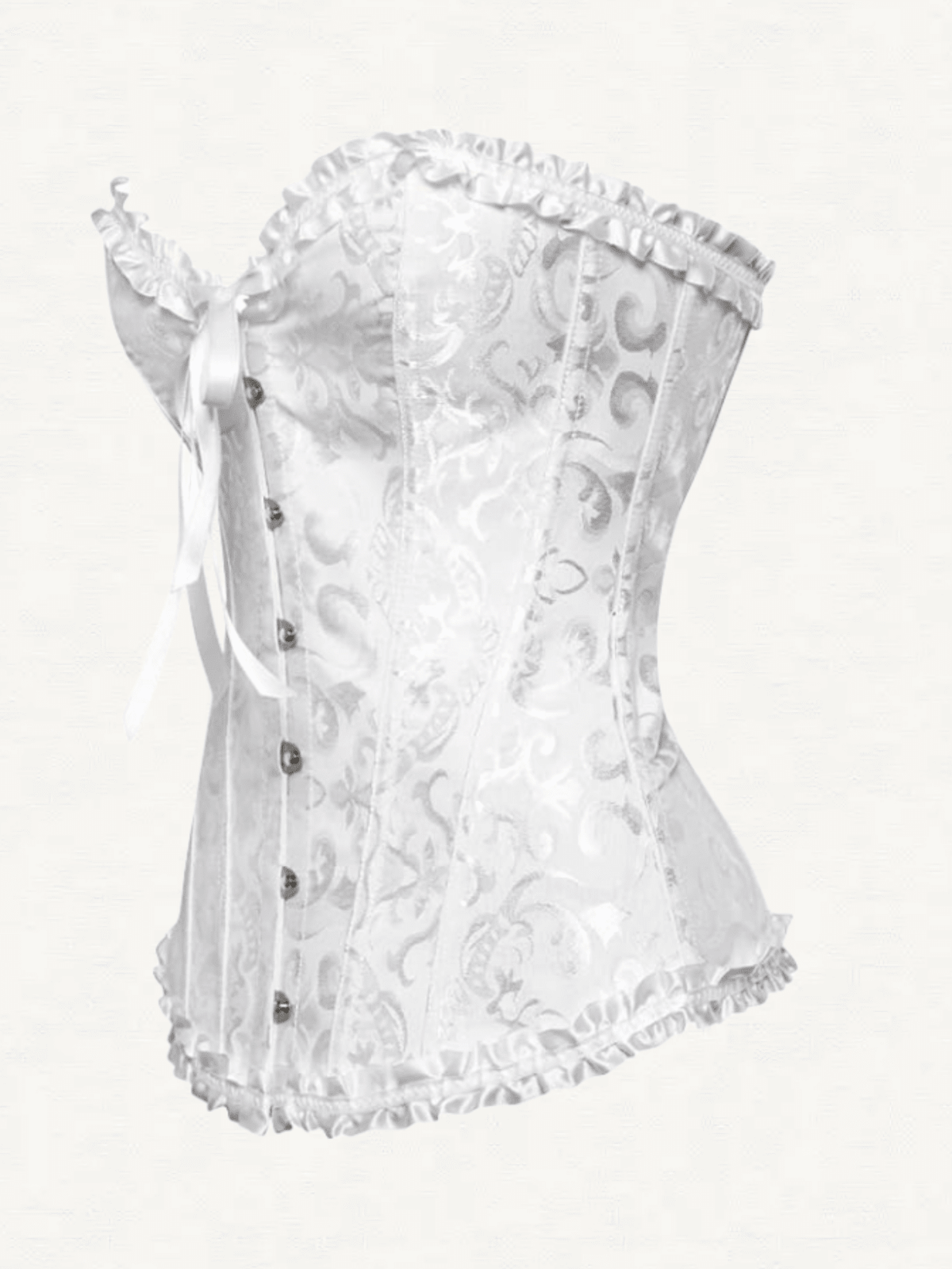 Baroque open bust corset top with boning, ruffle details, and grommet eyelet accents for waist shaping and bust support.
