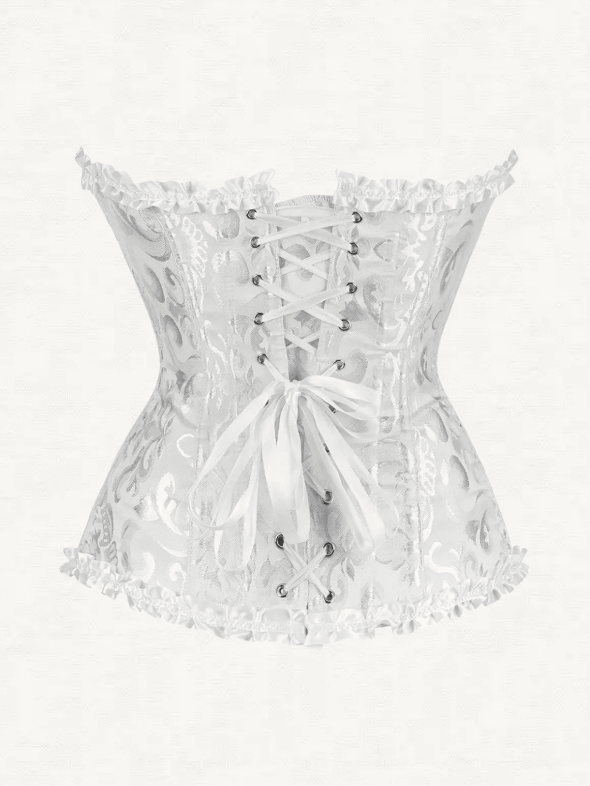 Baroque open bust corset top with boning, ruffle details, and grommet eyelet accents for waist shaping and bust support.