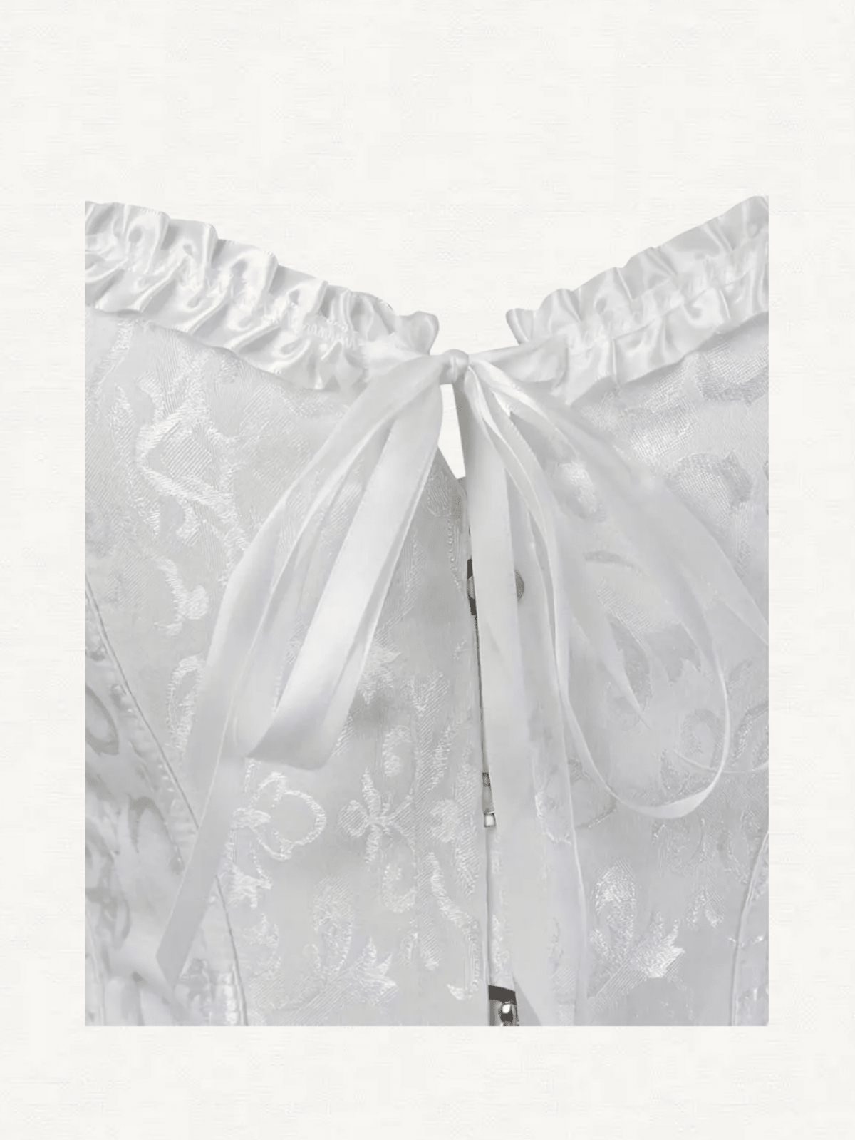 Baroque open bust corset top with boning, ruffle details, and grommet eyelet accents for waist shaping and bust support.