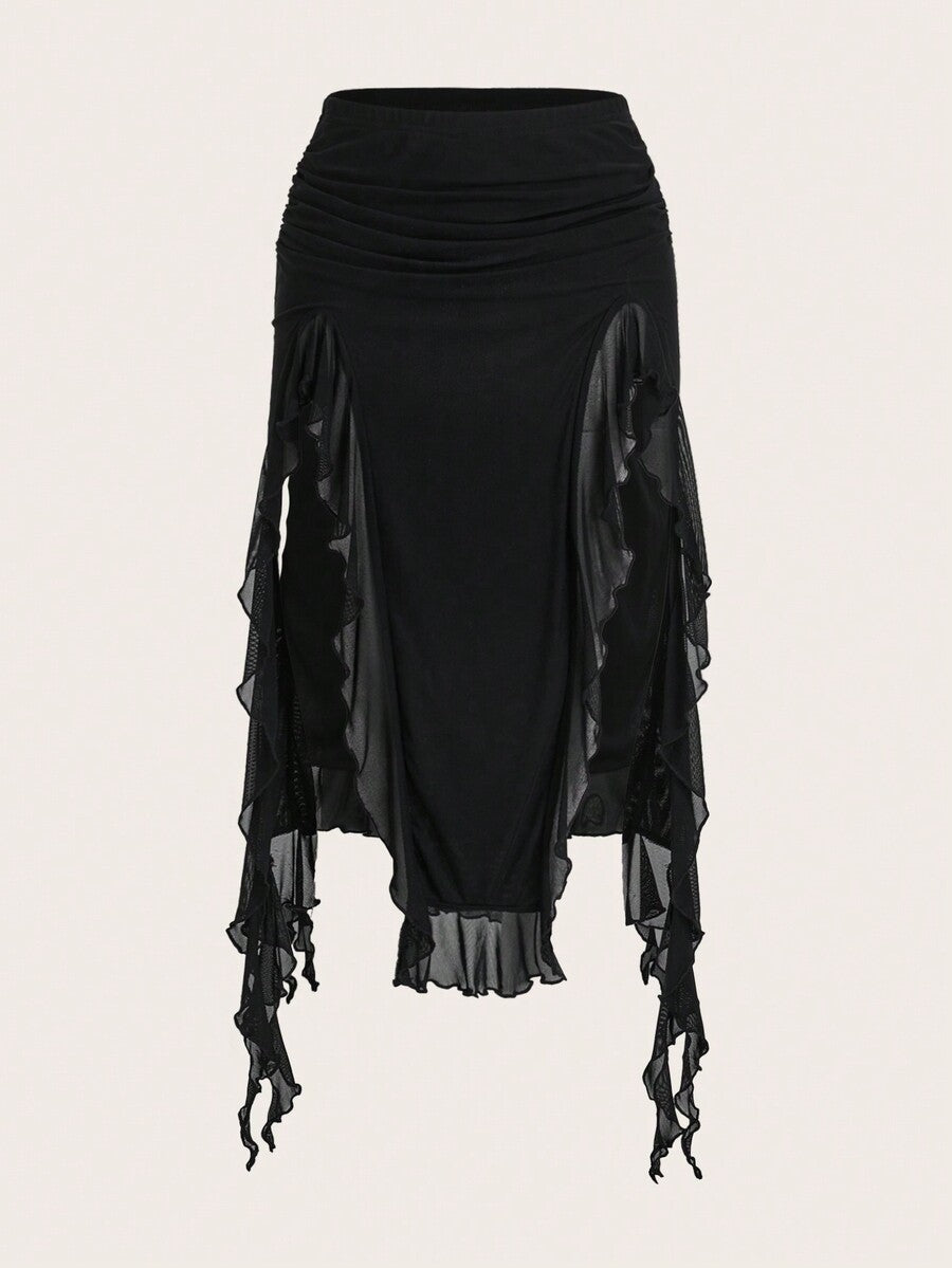 Women's black low rise asymmetrical midi skirt with ruched mesh fabric and layered ruffle hem
