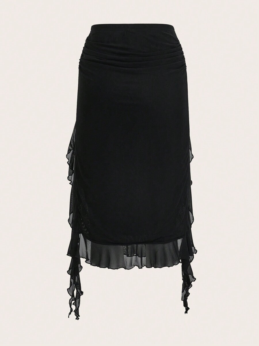 Women's black low rise asymmetrical midi skirt with ruched mesh fabric and layered ruffle hem