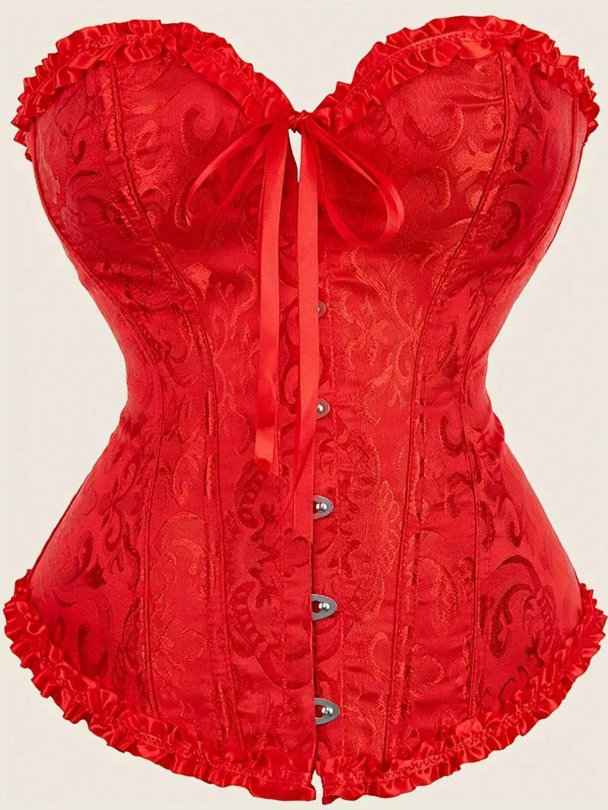 Baroque open bust corset top with boning, ruffle details, and grommet eyelet accents for waist shaping and bust support.