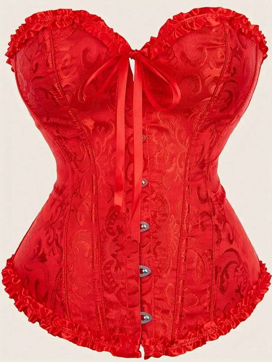 Baroque open bust corset top with boning, ruffle details, and grommet eyelet accents for waist shaping and bust support.