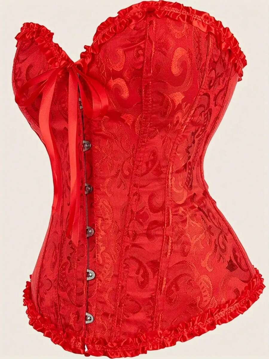 Baroque open bust corset top with boning, ruffle details, and grommet eyelet accents for waist shaping and bust support.