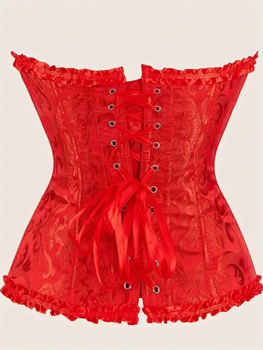 Baroque open bust corset top with boning, ruffle details, and grommet eyelet accents for waist shaping and bust support.