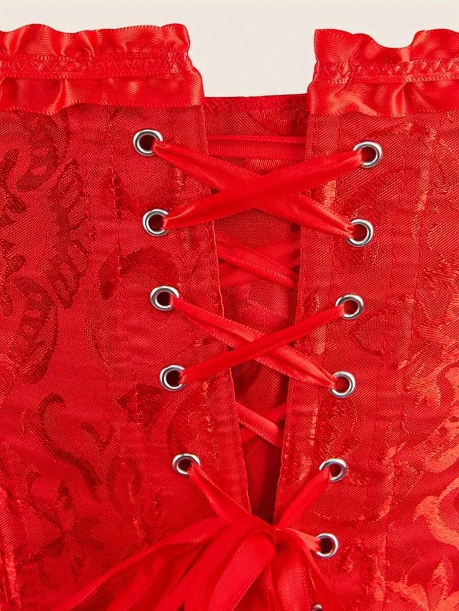 Baroque open bust corset top with boning, ruffle details, and grommet eyelet accents for waist shaping and bust support.