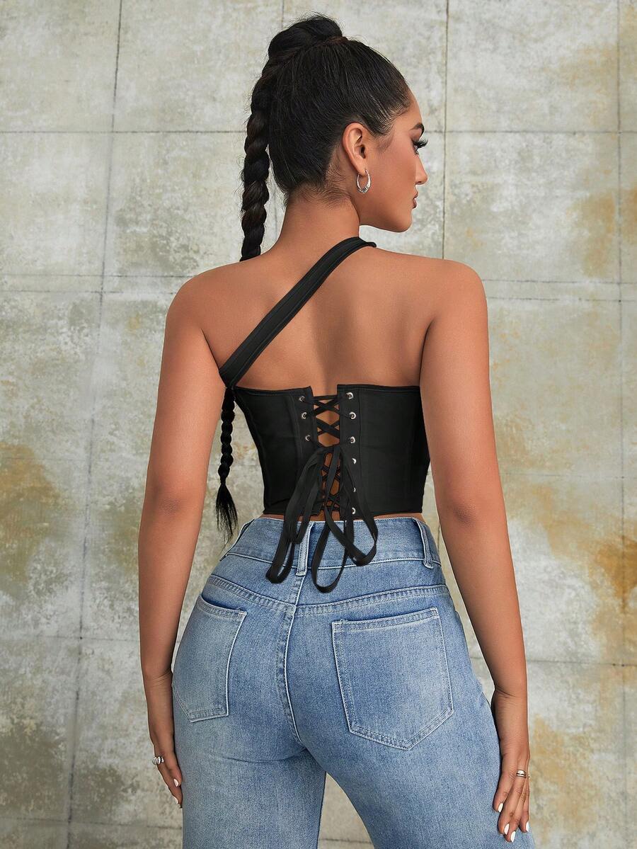 Women's black Y2K one-shoulder sleeveless backless crop top featuring an asymmetrical neckline and lace-up cutout design.