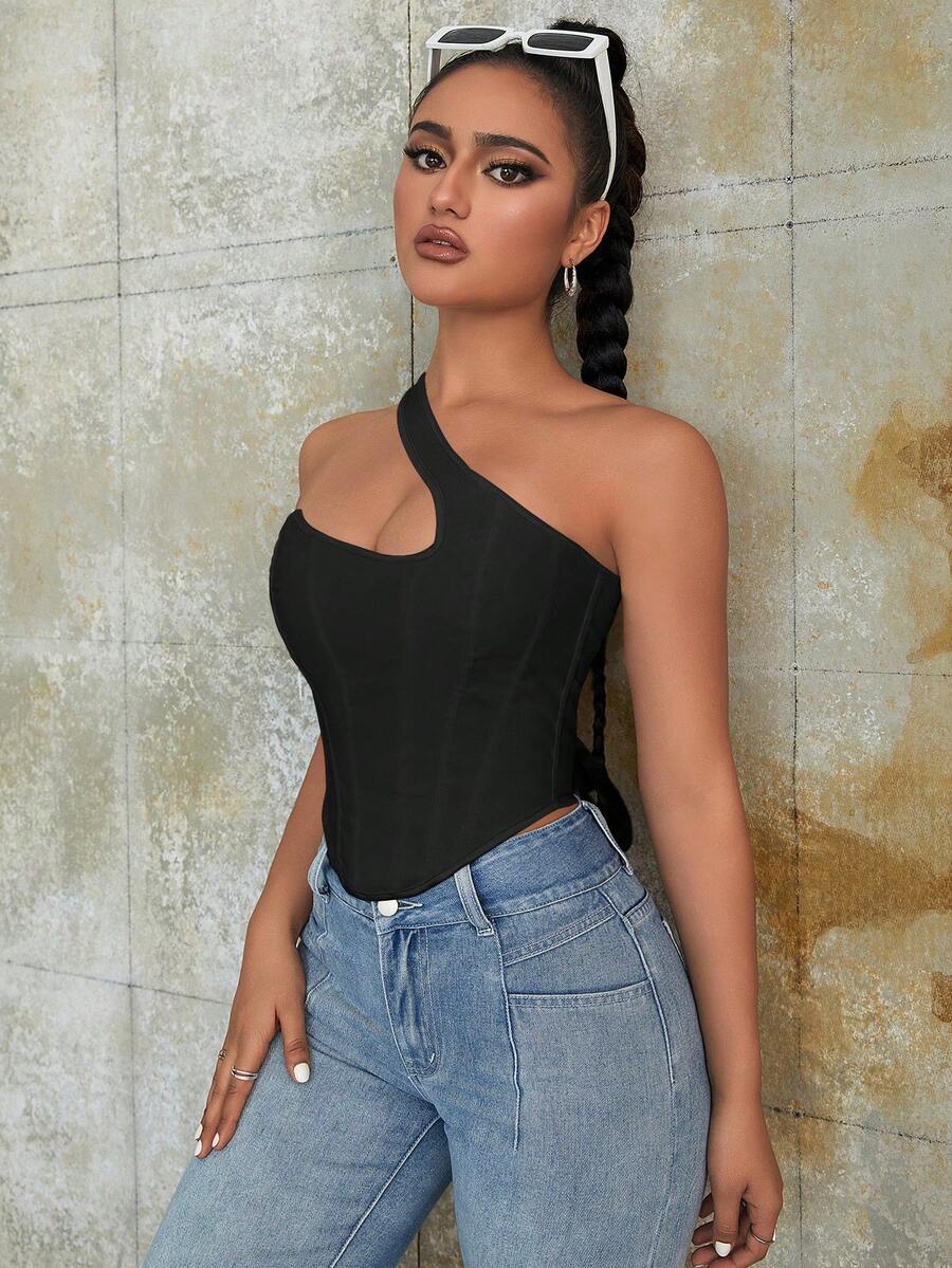 Women's black Y2K one-shoulder sleeveless backless crop top featuring an asymmetrical neckline and lace-up cutout design.
