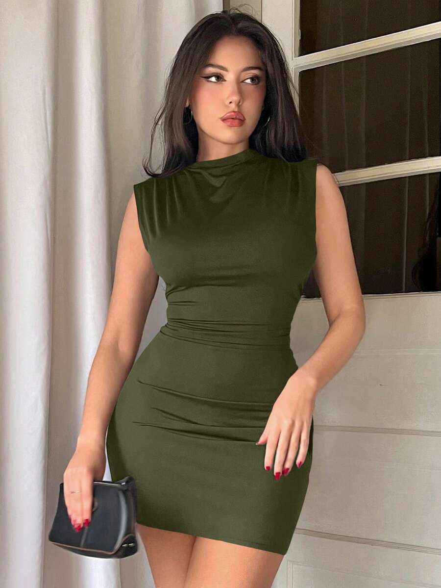 Army green sleeveless bodycon mini dress with a stand collar, ruched details, and zipper back.