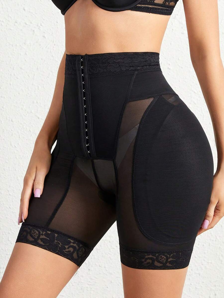 Black high waist butt lifting shapewear shorts with contrast mesh details for women