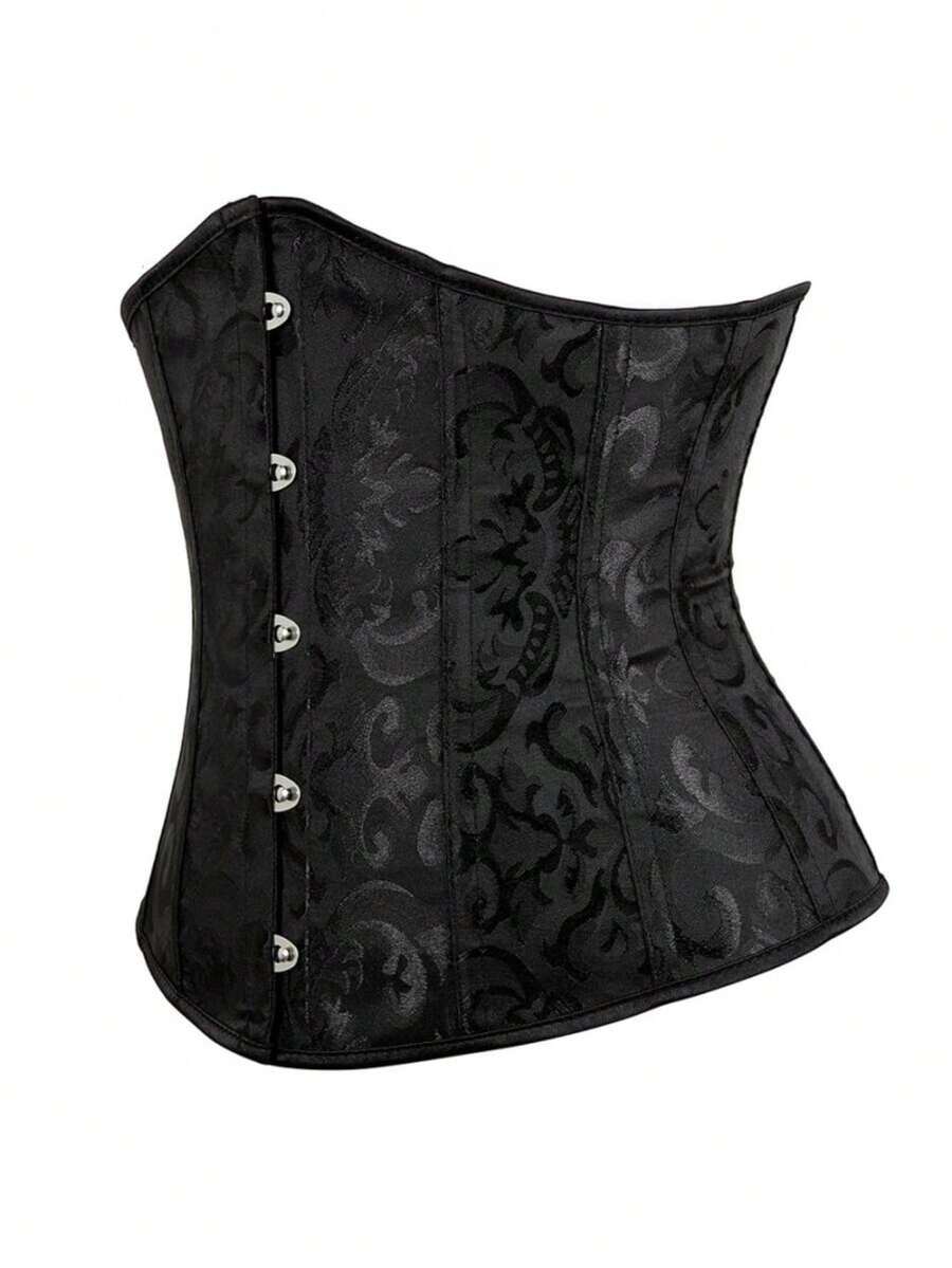 Vintage lace-up waist trainer corset with grommet eyelet details and plant pattern, designed for Halloween styling.