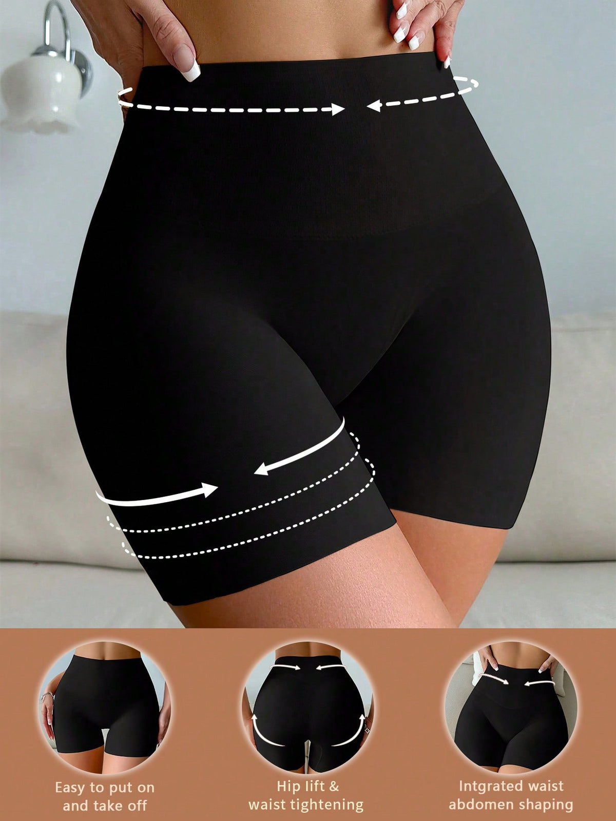 Women wearing apricot super high waist shapewear shorts designed for ultra-light thigh smoothing