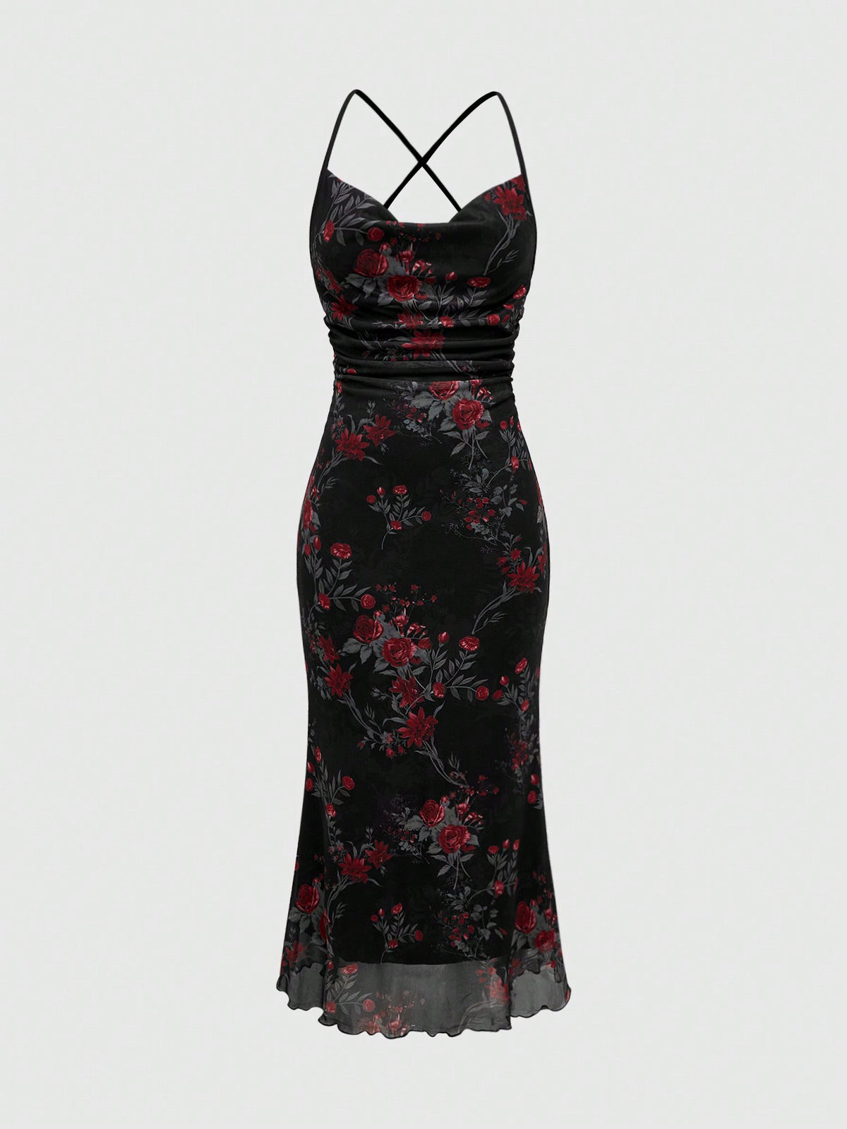Women's floral print backless cami long dress featuring spaghetti straps, high waist, ruched detailing, and a mermaid hem with split thigh