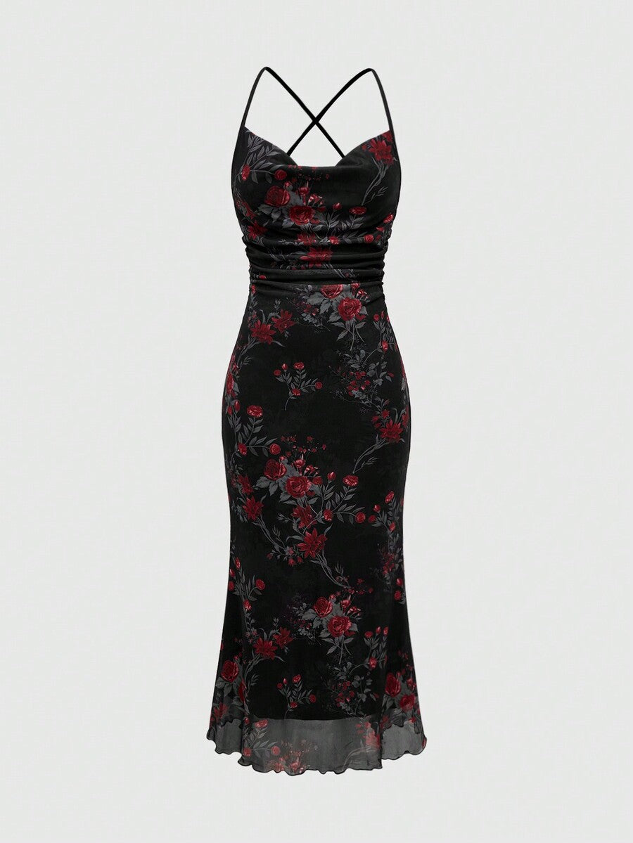 Women's floral print backless cami long dress featuring spaghetti straps, high waist, ruched detailing, and a mermaid hem with split thigh