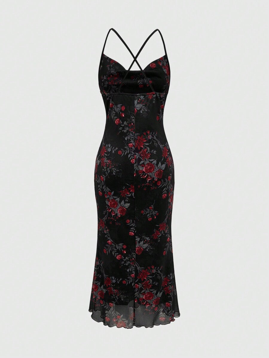 Women's floral print backless cami long dress featuring spaghetti straps, high waist, ruched detailing, and a mermaid hem with split thigh