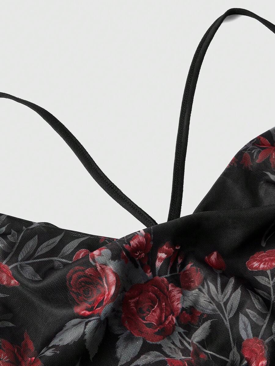 Women's floral print backless cami long dress featuring spaghetti straps, high waist, ruched detailing, and a mermaid hem with split thigh