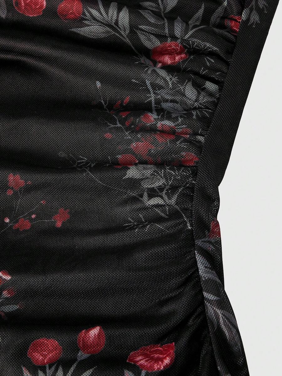 Women's floral print backless cami long dress featuring spaghetti straps, high waist, ruched detailing, and a mermaid hem with split thigh