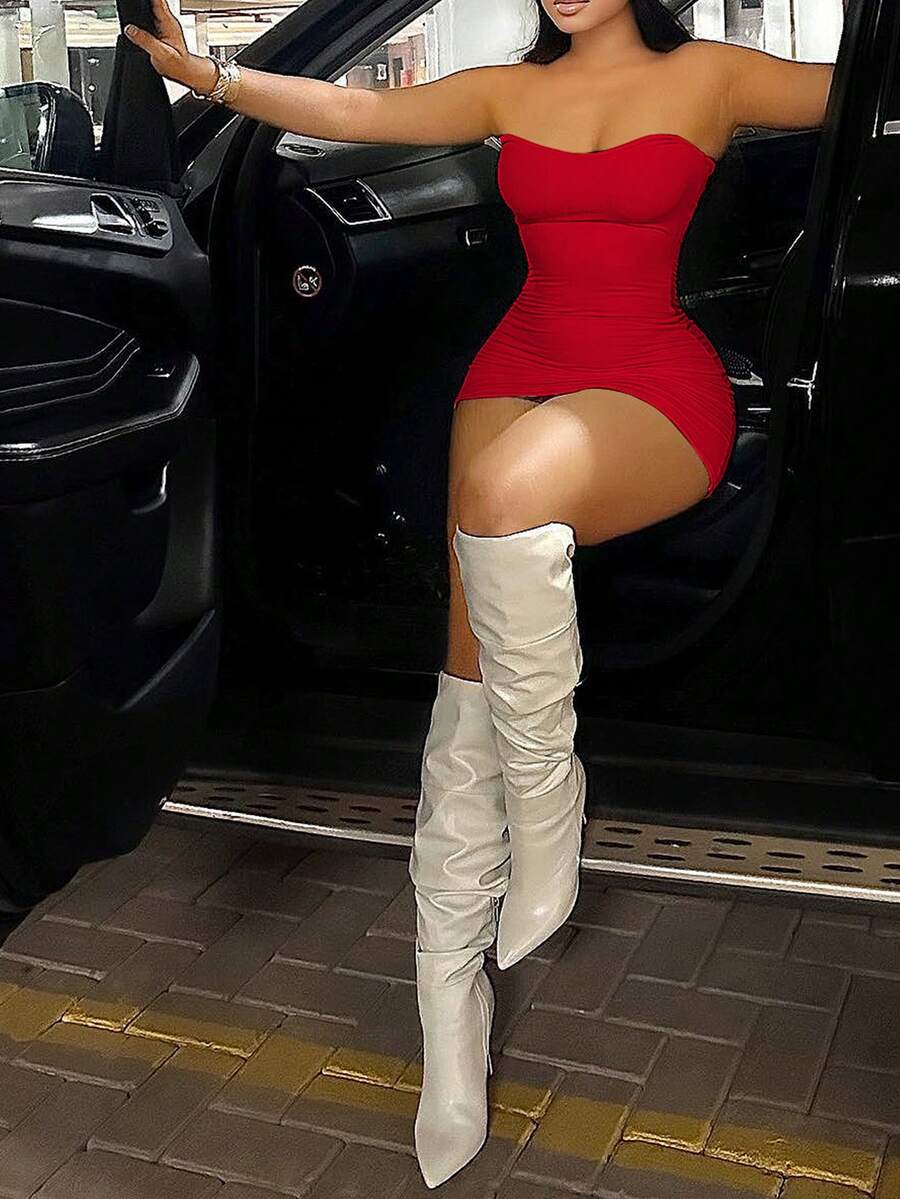Women's strapless backless ruched bodycon short dress featuring a pencil hem and high-stretch knitted fabric.