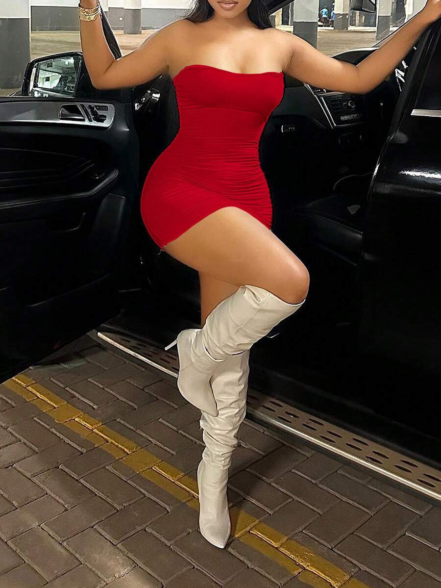 Women's strapless backless ruched bodycon short dress featuring a pencil hem and high-stretch knitted fabric.