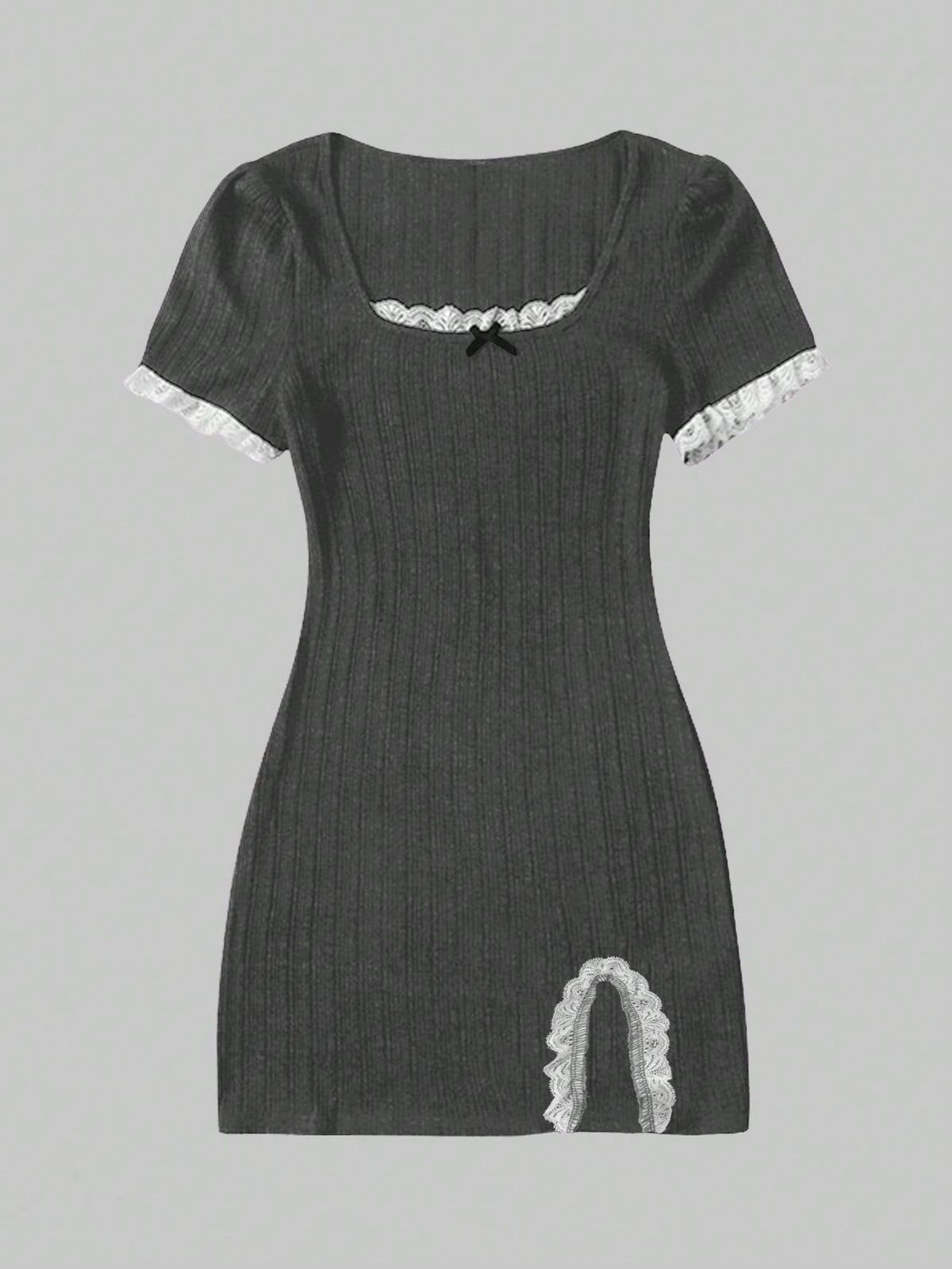 Women's black ribbed bodycon mini dress with scoop neck, short sleeves, contrast lace trim, and side split hem.