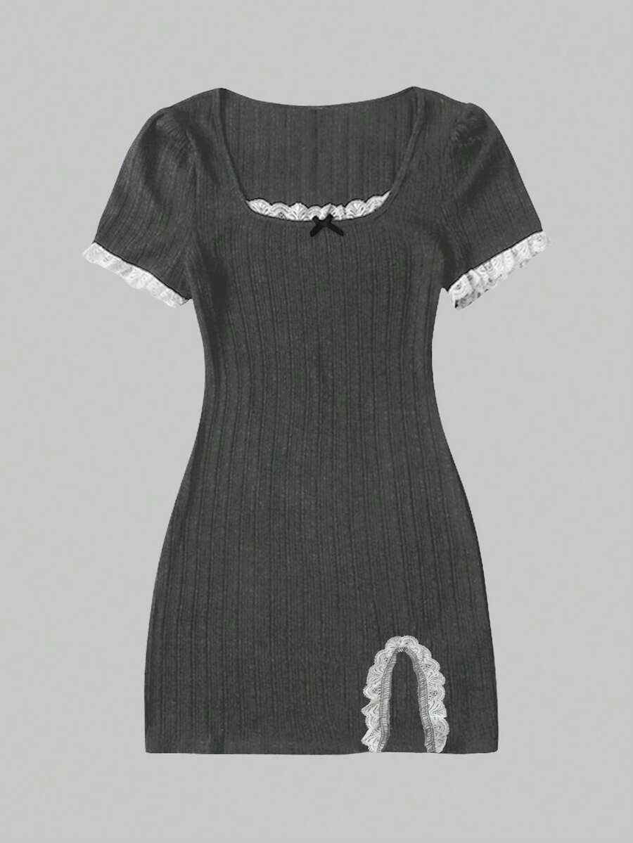 Women's black ribbed bodycon mini dress with scoop neck, short sleeves, contrast lace trim, and side split hem.