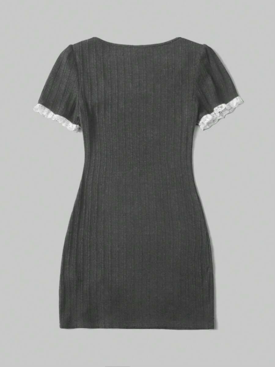 Women's black ribbed bodycon mini dress with scoop neck, short sleeves, contrast lace trim, and side split hem.