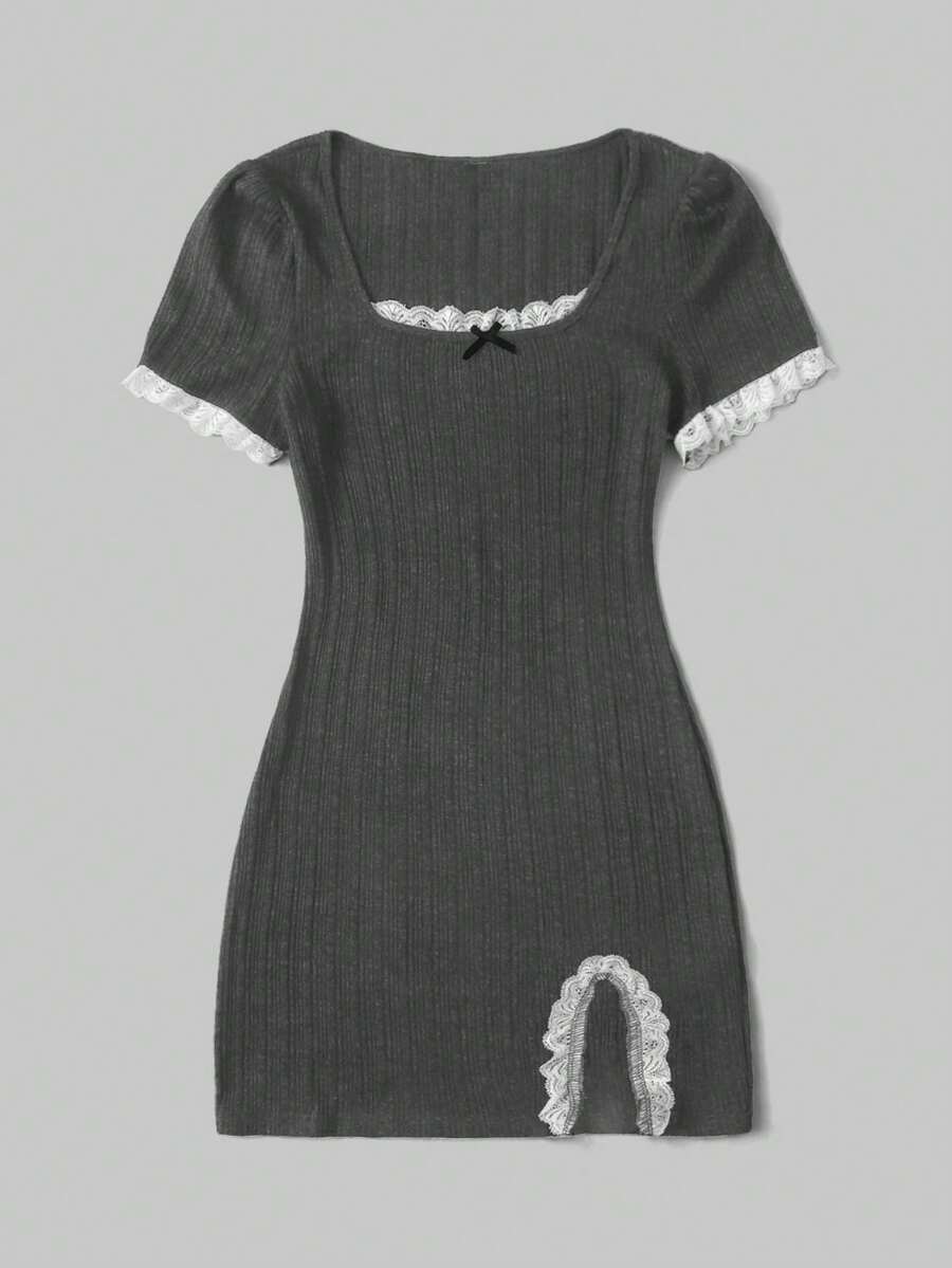 Women's black ribbed bodycon mini dress with scoop neck, short sleeves, contrast lace trim, and side split hem.