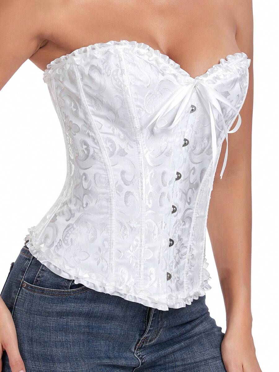Women's sleeveless corset body shaper top with lace-up front, grommet eyelet details, strong bust and waist support, and a romantic vintage style.